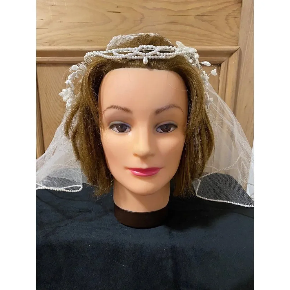 Vintage 2 Tier Viel Bridal Wedding Lace Tulle Tiered Pearls Headband
